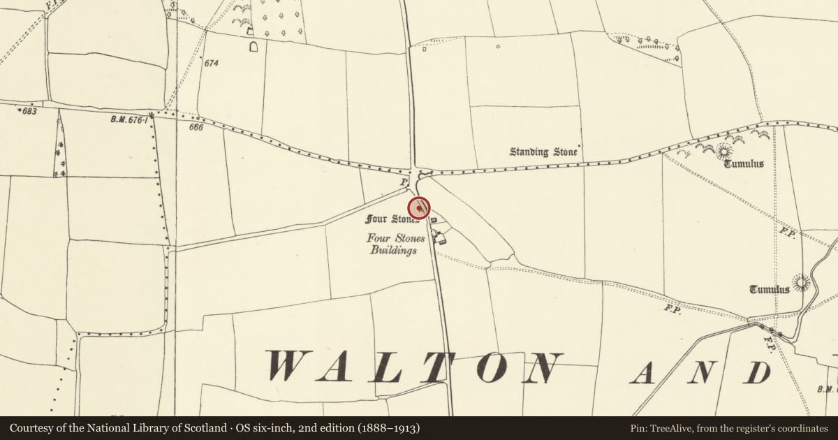 Ordnance Survey six-inch map, 2nd edition (1888–1913) covering the location of The Four Stones, Old Radnor, Powys, with a pin at the register's coordinates