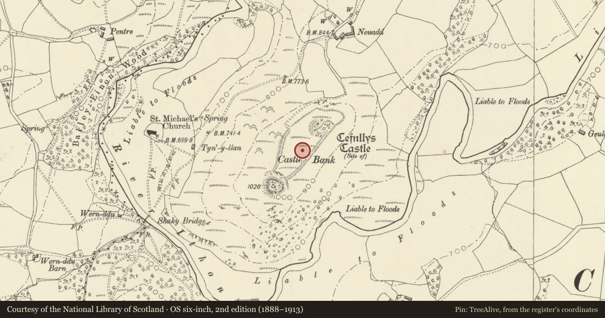 Ordnance Survey six-inch map, 2nd edition (1888–1913) covering the location of Cefnllys Castle, Penybont, Powys, with a pin at the register's coordinates