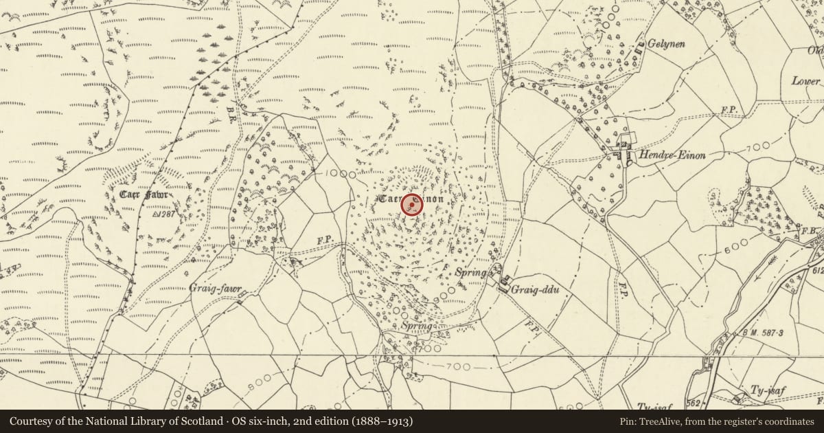 Ordnance Survey six-inch map, 2nd edition (1888–1913) covering the location of Caer Einon Camp, Llanelwedd, Powys, with a pin at the register's coordinates