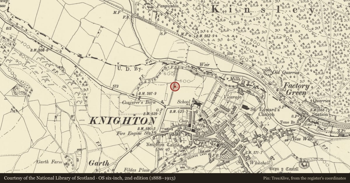 Ordnance Survey six-inch map, 2nd edition (1888–1913) covering the location of Offa's Dyke: Section extending 202m from River Teme to West Street, Knighton, Powys, with a pin at the register's coordinates
