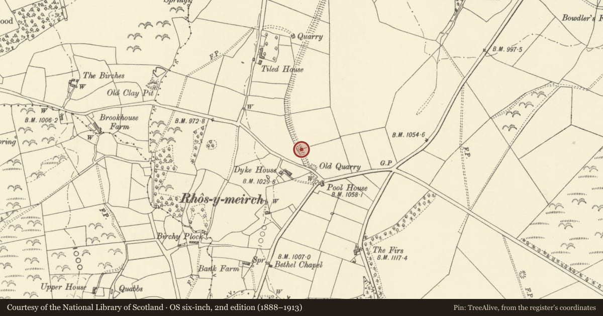 Ordnance Survey six-inch map, 2nd edition (1888–1913) covering the location of Offa's Dyke: Section extending 200m S to Pool House, Rhos-y-Meirch, Knighton, Powys, with a pin at the register's coordinates