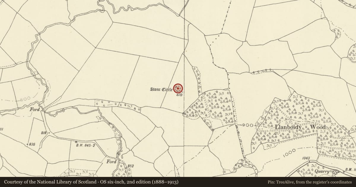 Ordnance Survey six-inch map, 2nd edition (1888–1913) covering the location of The Fedw Stone Circle 360m W of Llanboidy Wood, Glascwm, Powys, with a pin at the register's coordinates