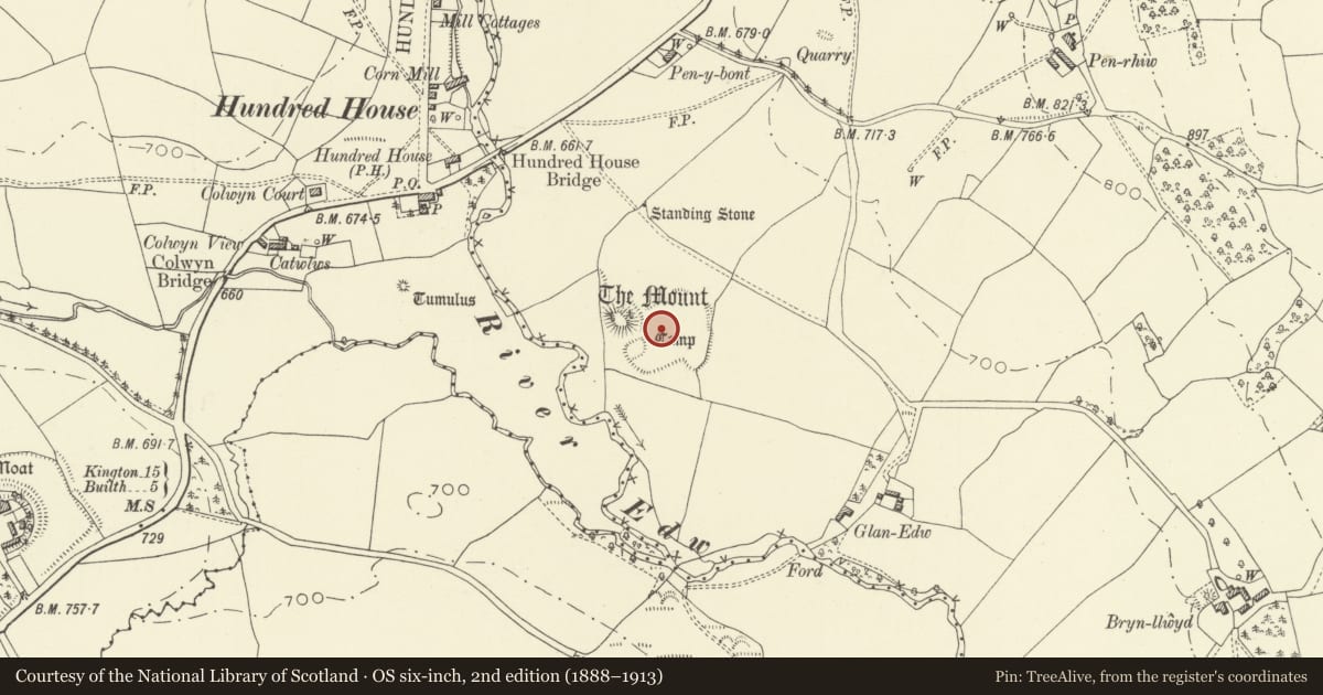 Ordnance Survey six-inch map, 2nd edition (1888–1913) covering the location of The Mount Mound & Bailey Castle, Hundred House, Glascwm, Powys, with a pin at the register's coordinates