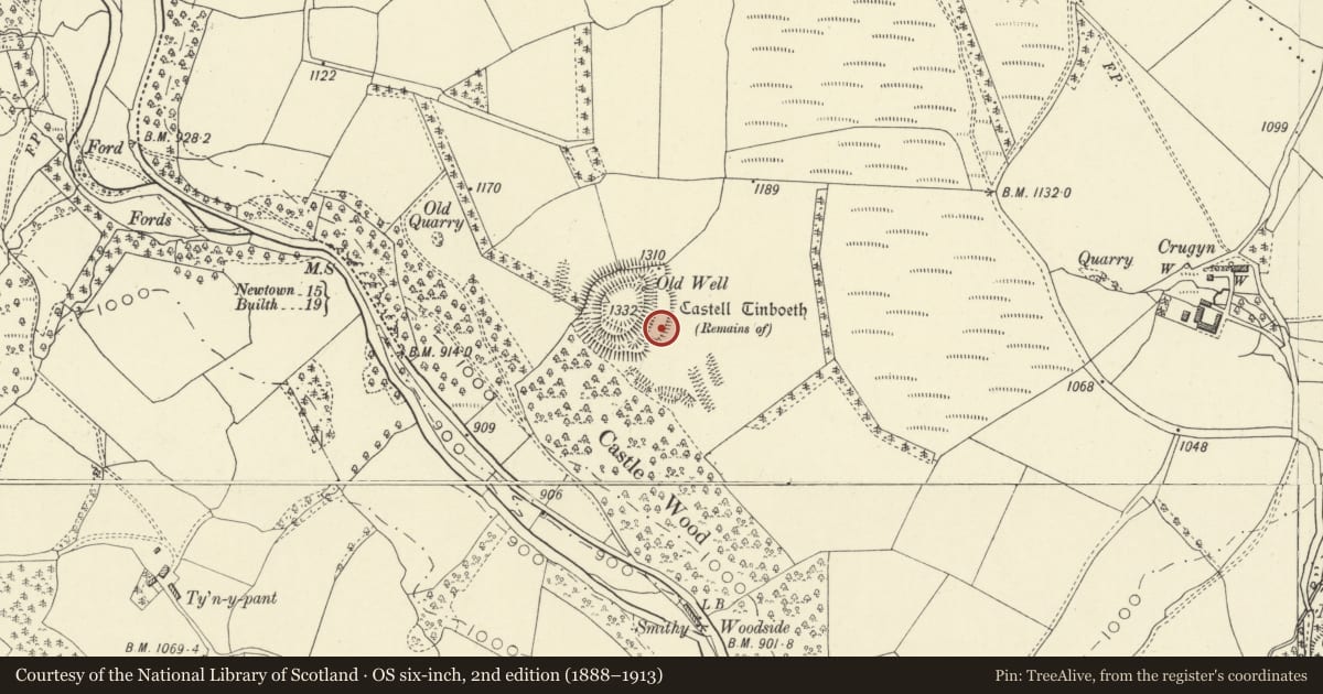 Ordnance Survey six-inch map, 2nd edition (1888–1913) covering the location of Castell Tinboeth, Llanbadarn Fynydd, Powys, with a pin at the register's coordinates