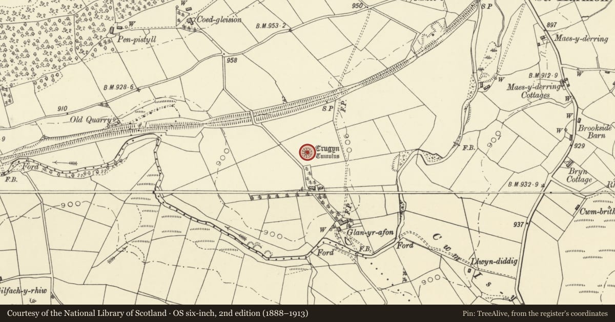 Ordnance Survey six-inch map, 2nd edition (1888–1913) covering the location of Crugyn Tumulus, St. Harmon, Powys, with a pin at the register's coordinates