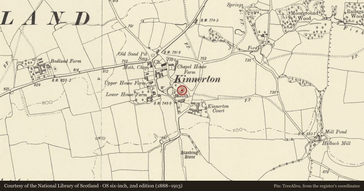 Ordnance Survey six-inch map, 2nd edition (1888–1913) covering the location of Kinnerton Castle Mound, Old Radnor, Powys, with a pin at the register's coordinates