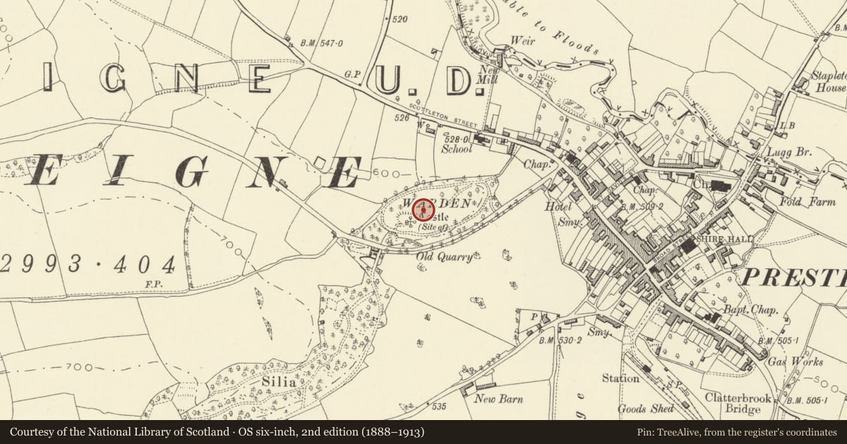 Ordnance Survey six-inch map, 2nd edition (1888–1913) covering the location of The Warden Mound & Bailey Castle, Presteigne, Powys, with a pin at the register's coordinates