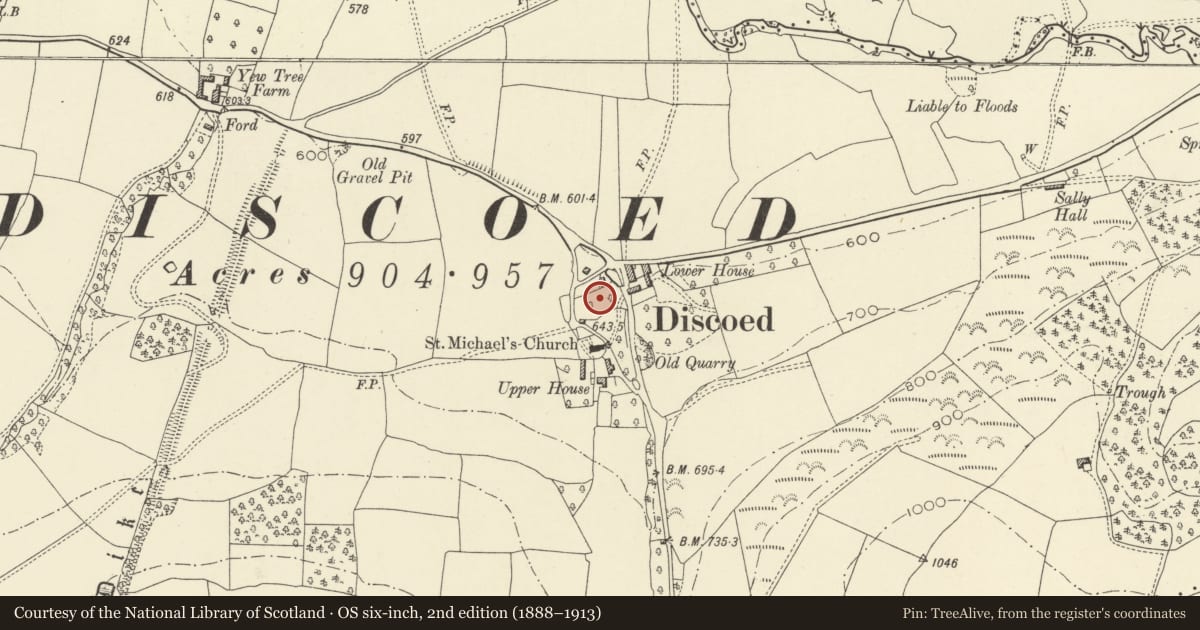 Ordnance Survey six-inch map, 2nd edition (1888–1913) covering the location of Discoed Castle Mound, Whitton, Powys, with a pin at the register's coordinates