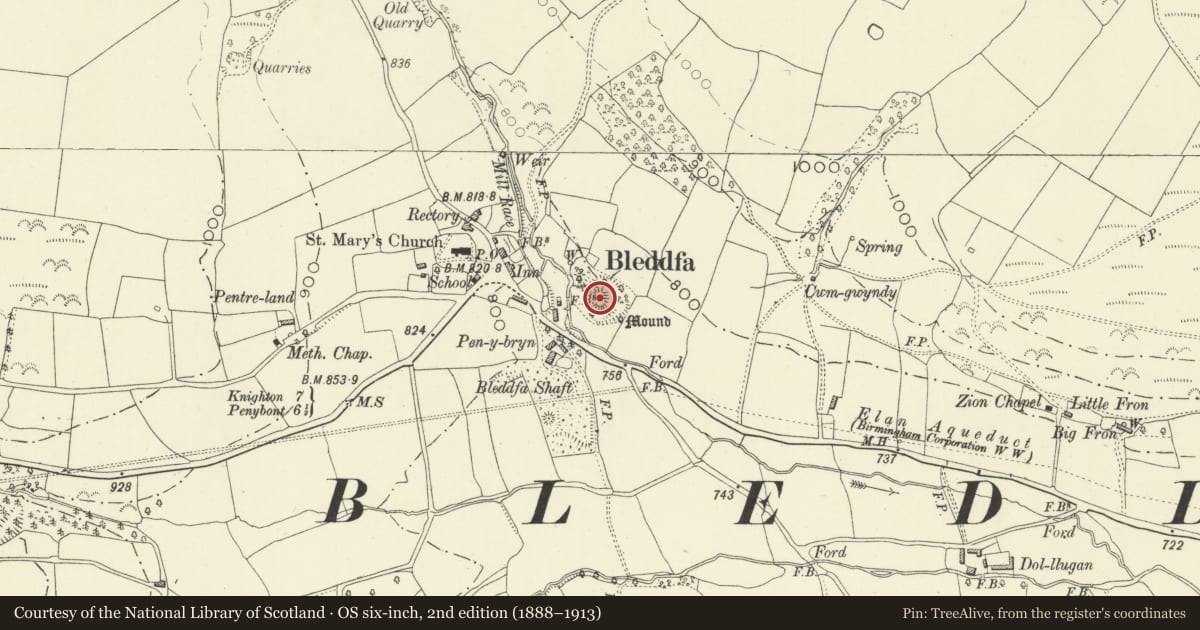 Ordnance Survey six-inch map, 2nd edition (1888–1913) covering the location of Mound & Bailey Castle, Bleddfa, Llangunllo, Powys, with a pin at the register's coordinates