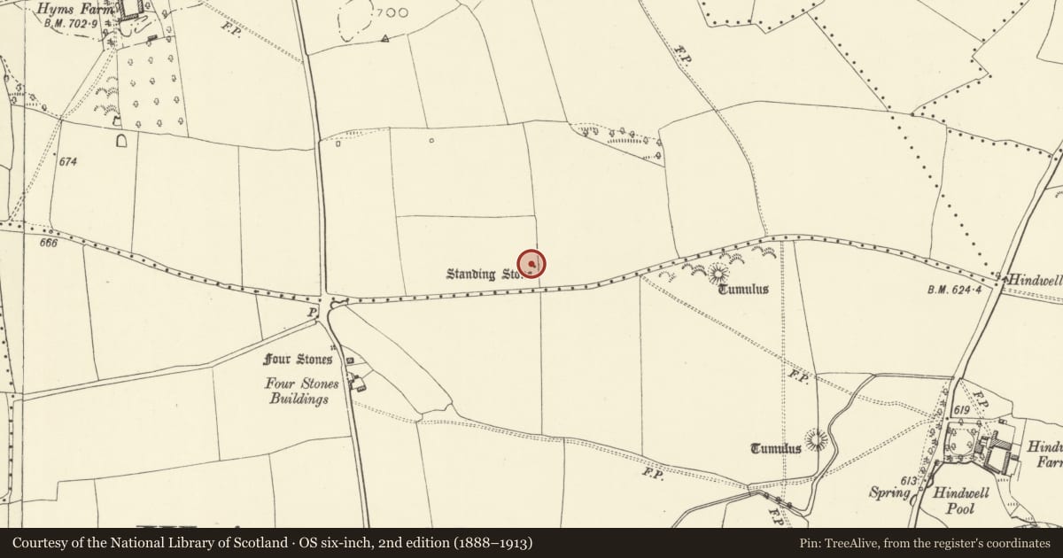 Ordnance Survey six-inch map, 2nd edition (1888–1913) covering the location of Standing Stone 400m ENE of Four Stones, Old Radnor, Powys, with a pin at the register's coordinates