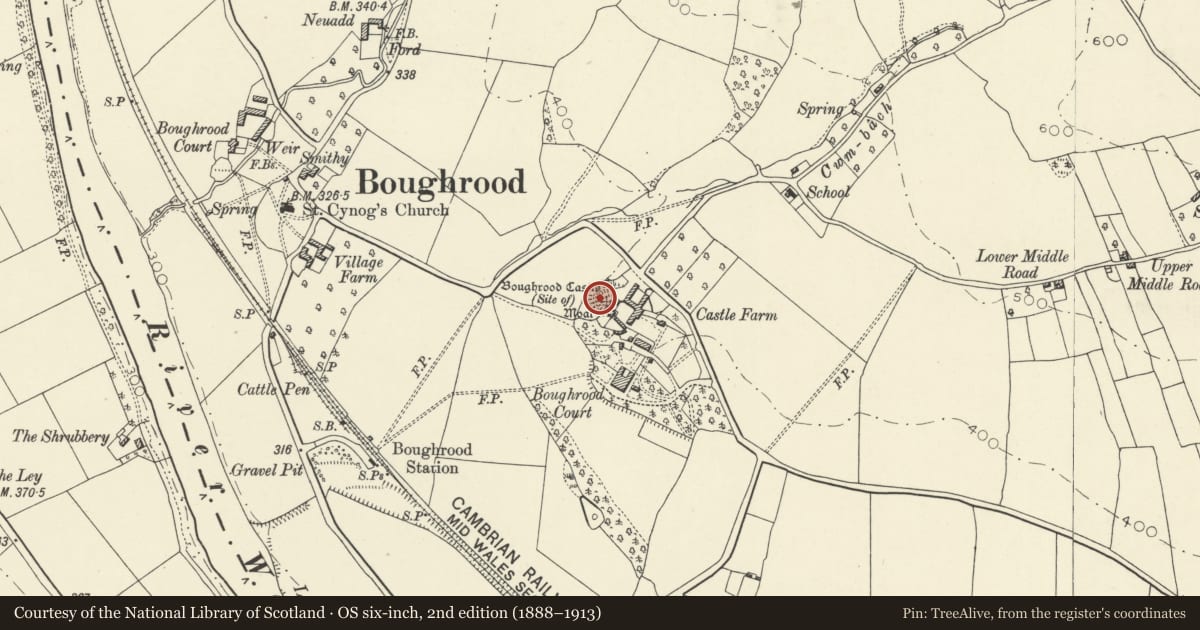 Ordnance Survey six-inch map, 2nd edition (1888–1913) covering the location of Boughrood Castle, Glasbury, Powys, with a pin at the register's coordinates