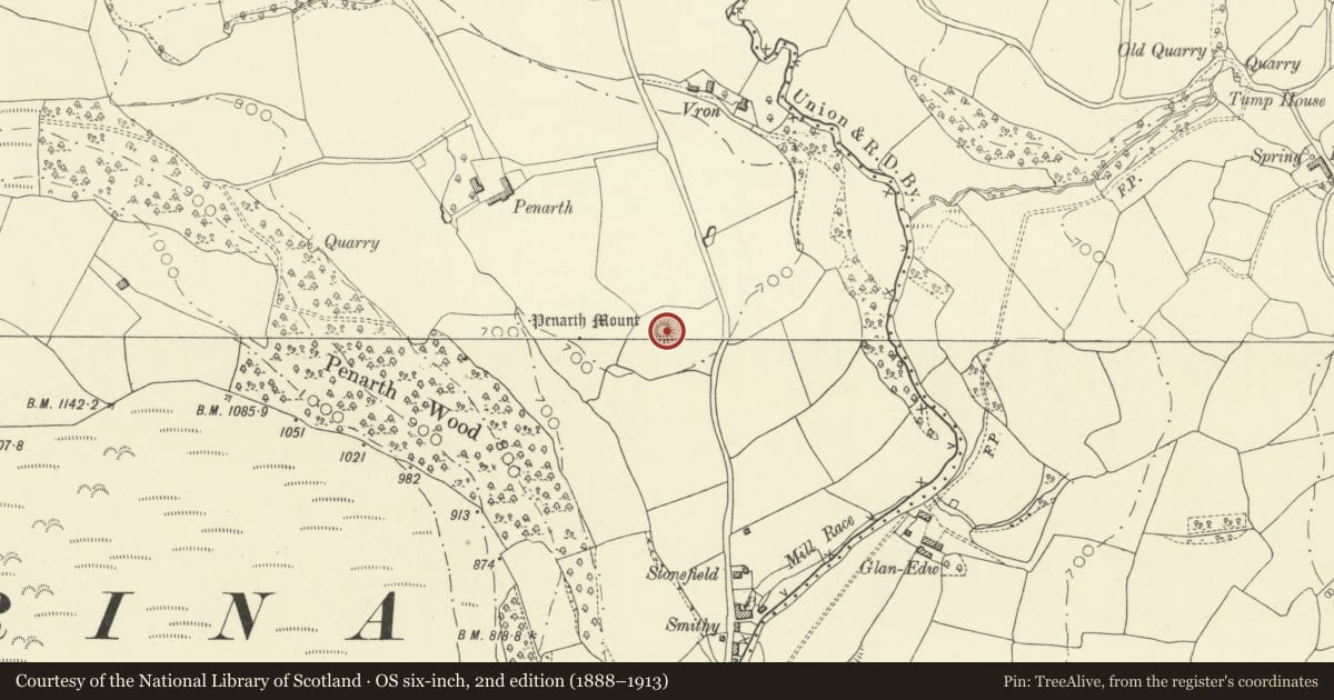 Ordnance Survey six-inch map, 2nd edition (1888–1913) covering the location of Penarth Mount Castle Mound, Glascwm, Powys, with a pin at the register's coordinates