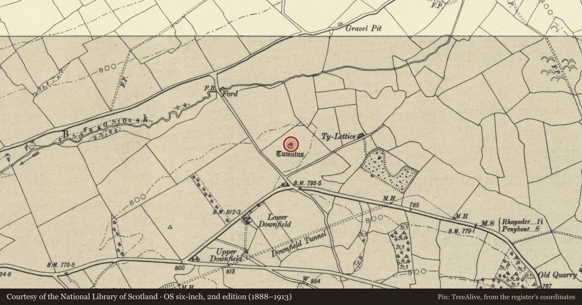 Ordnance Survey six-inch map, 2nd edition (1888–1913) covering the location of Ty-Lettice Round Barrow, Nantmel, Powys, with a pin at the register's coordinates