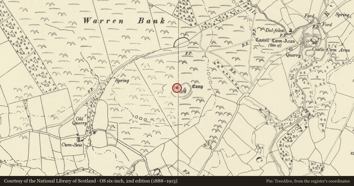 Ordnance Survey six-inch map, 2nd edition (1888–1913) covering the location of Camp SW of Castell Cwm Aran, Llanddewi Ystradenny, Powys, with a pin at the register's coordinates