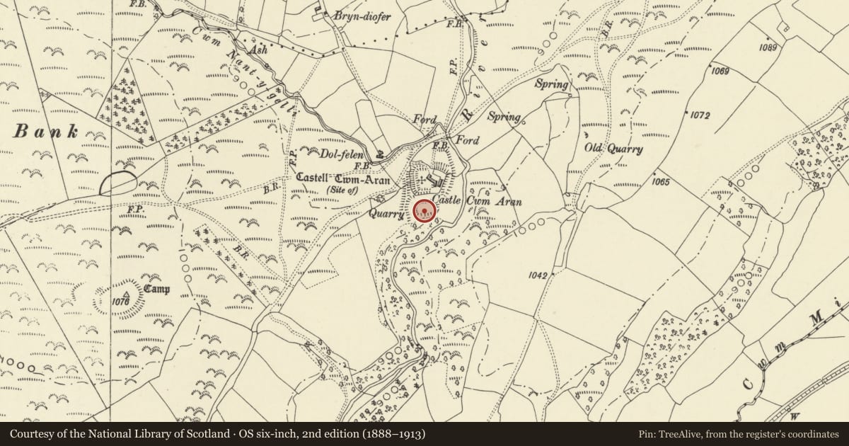 Ordnance Survey six-inch map, 2nd edition (1888–1913) covering the location of Castell Cwm Aran, Llanddewi Ystradenny, Powys, with a pin at the register's coordinates