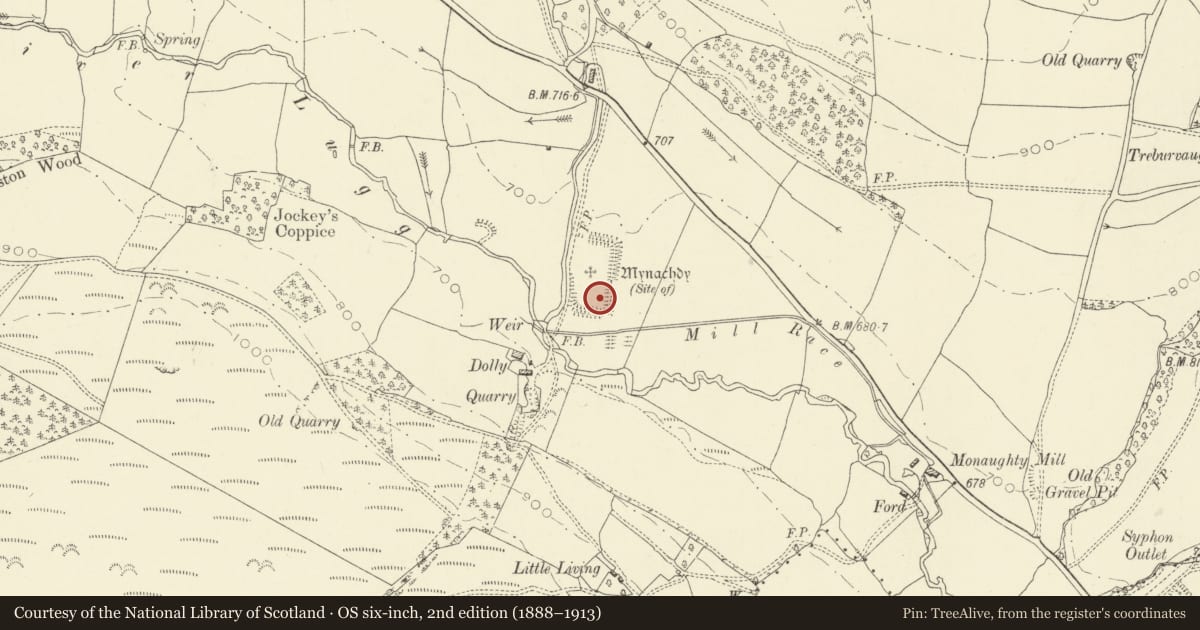 Ordnance Survey six-inch map, 2nd edition (1888–1913) covering the location of Mynachdy Moated Enclosure, Llangunllo, Powys, with a pin at the register's coordinates