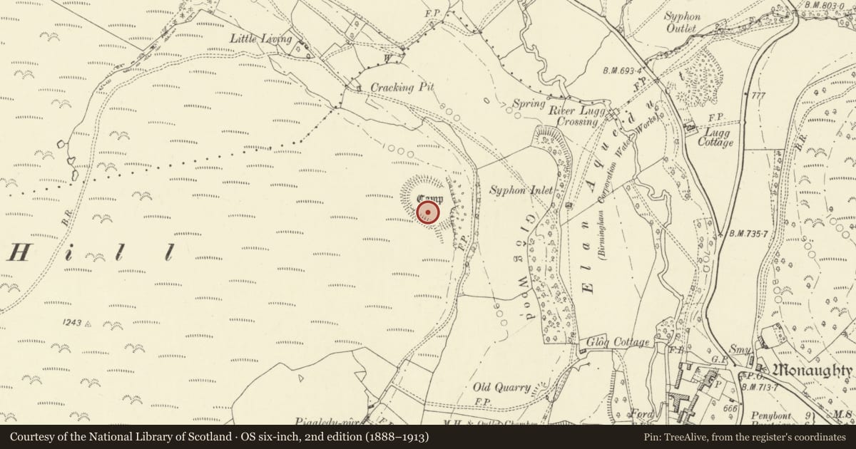 Ordnance Survey six-inch map, 2nd edition (1888–1913) covering the location of Glog Camp, Llangunllo, Powys, with a pin at the register's coordinates
