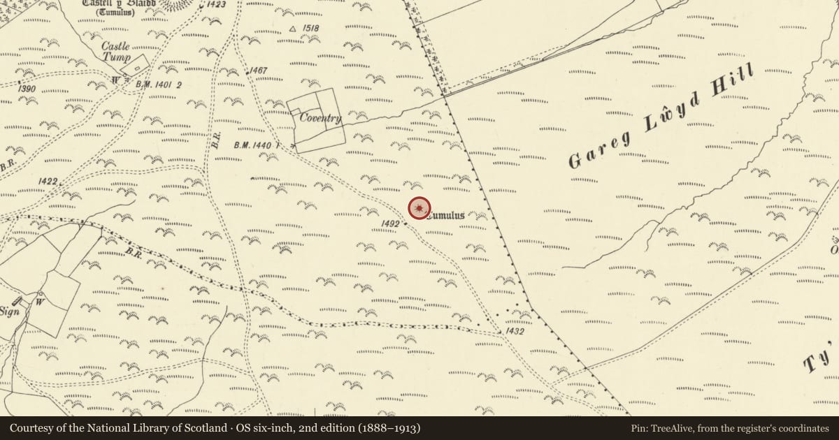 Ordnance Survey six-inch map, 2nd edition (1888–1913) covering the location of Coventry Round Barrow, Llanbadarn Fynydd, Powys, with a pin at the register's coordinates