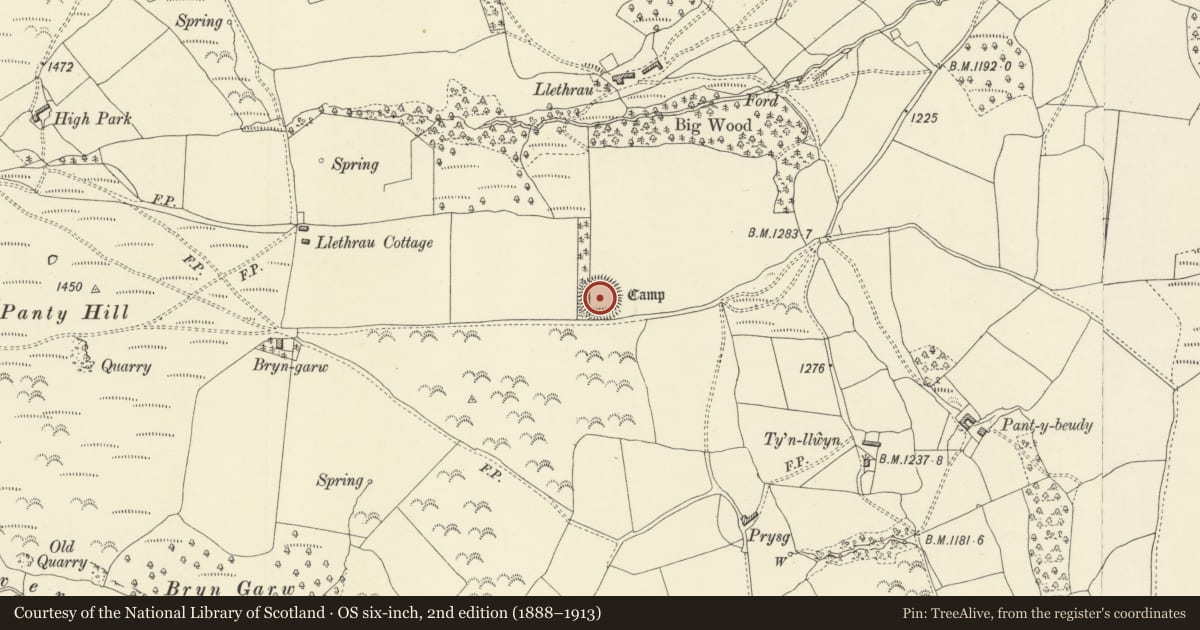 Ordnance Survey six-inch map, 2nd edition (1888–1913) covering the location of Llethrau Camp, Beguildy, Powys, with a pin at the register's coordinates