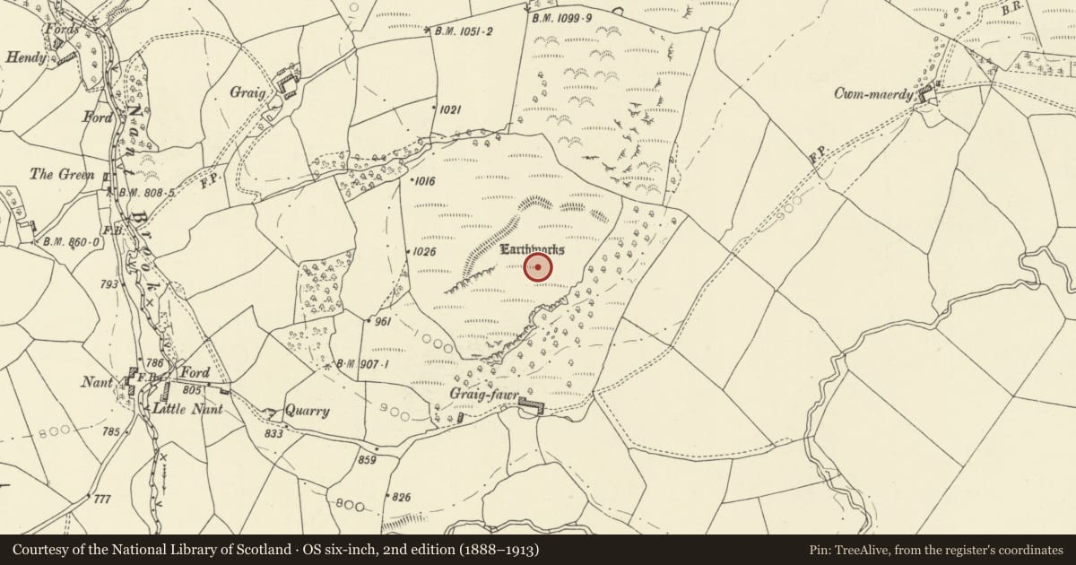 Ordnance Survey six-inch map, 2nd edition (1888–1913) covering the location of Graig Camp, Glascwm, Powys, with a pin at the register's coordinates