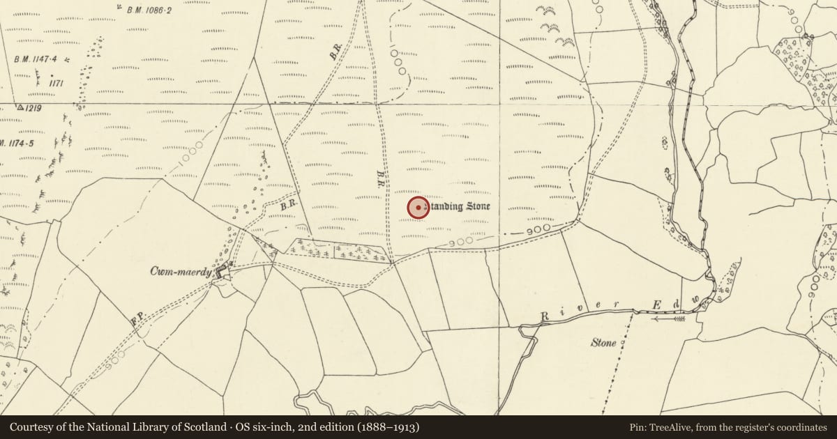 Ordnance Survey six-inch map, 2nd edition (1888–1913) covering the location of Cwm-Maerdy Standing Stone, Glascwm, Powys, with a pin at the register's coordinates