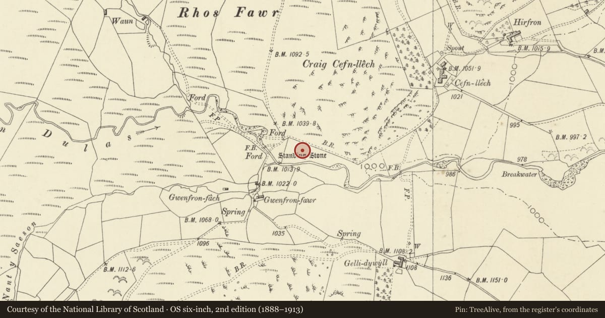 Ordnance Survey six-inch map, 2nd edition (1888–1913) covering the location of Cwm y Saeson Standing Stone, St. Harmon, Powys, with a pin at the register's coordinates