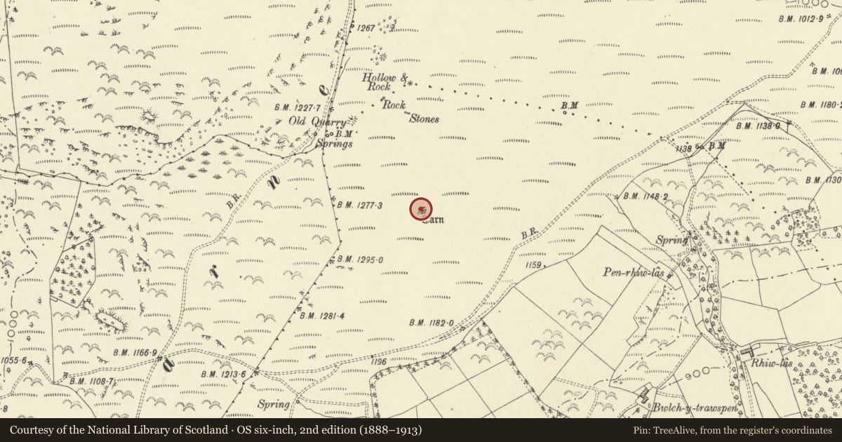Ordnance Survey six-inch map, 2nd edition (1888–1913) covering the location of Carneddau Round Cairn, Llanelwedd, Powys, with a pin at the register's coordinates