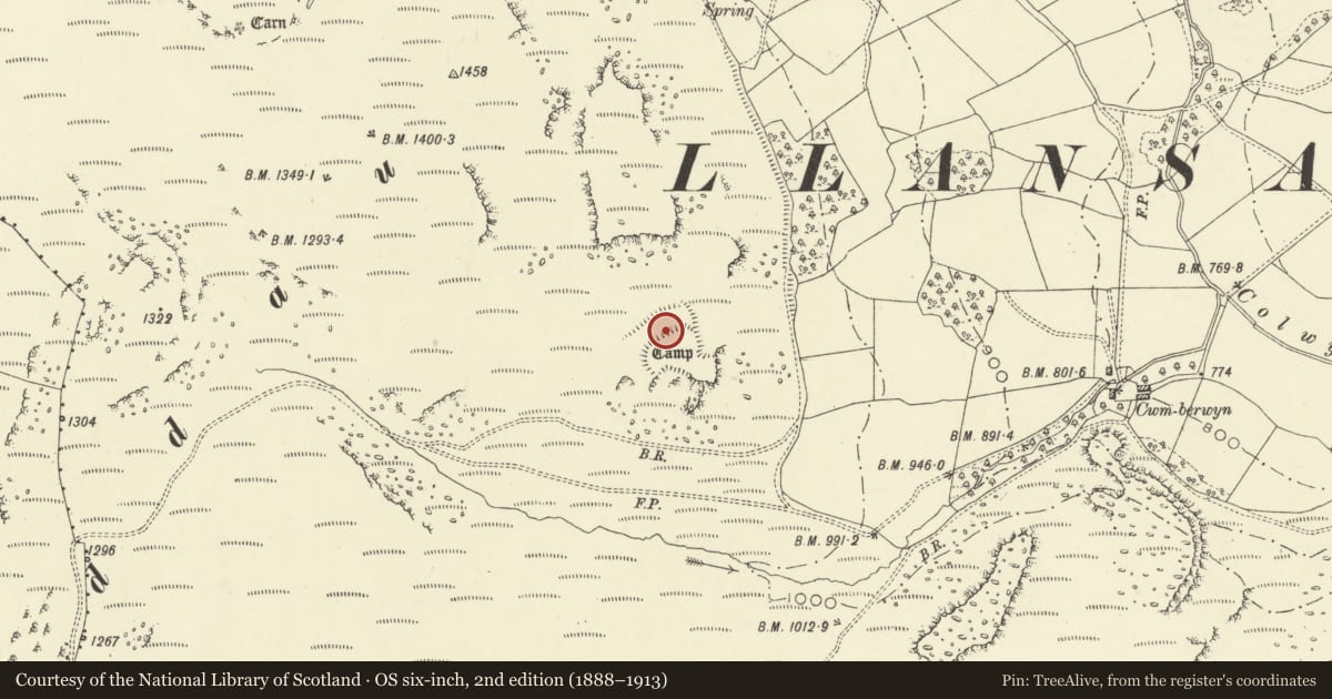 Ordnance Survey six-inch map, 2nd edition (1888–1913) covering the location of Cwm Berwyn Camp, Glascwm, Powys, with a pin at the register's coordinates