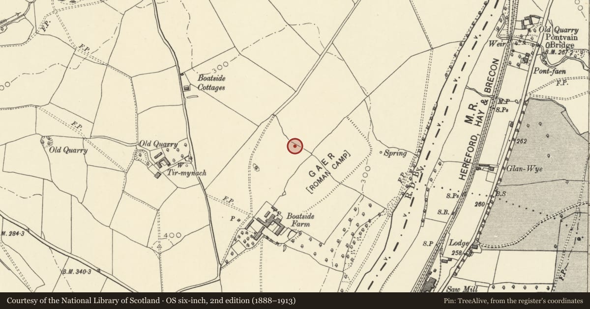 Ordnance Survey six-inch map, 2nd edition (1888–1913) covering the location of Gaer, Clyro, Powys, with a pin at the register's coordinates