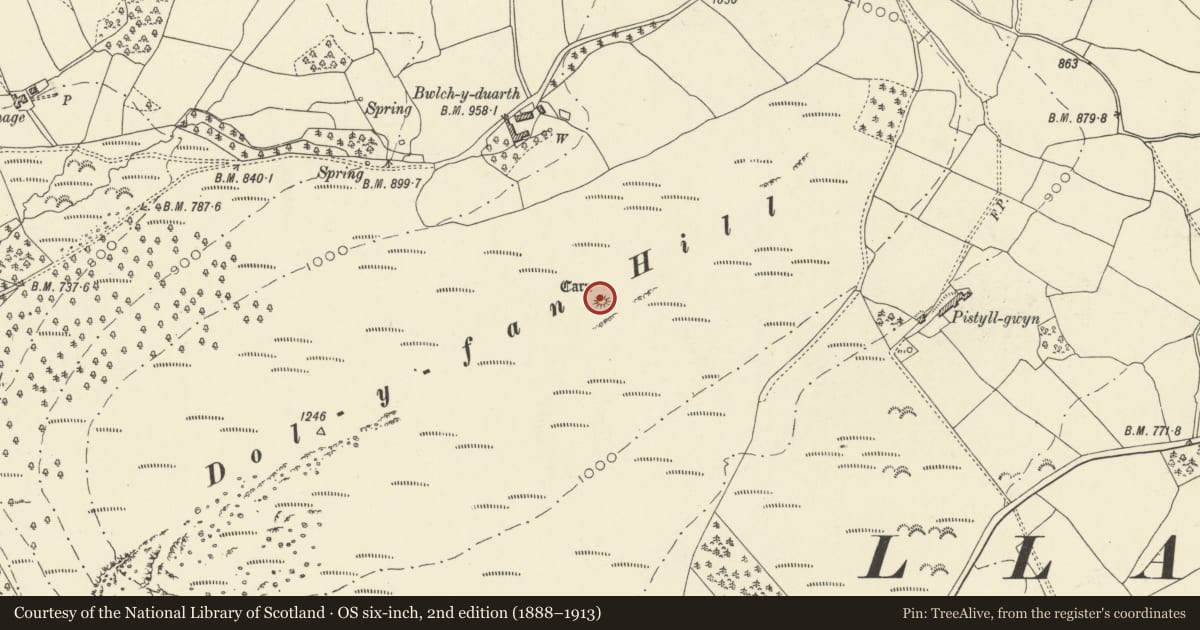 Ordnance Survey six-inch map, 2nd edition (1888–1913) covering the location of Dol-y-Fan Round Cairn, Llanyre, Powys, with a pin at the register's coordinates