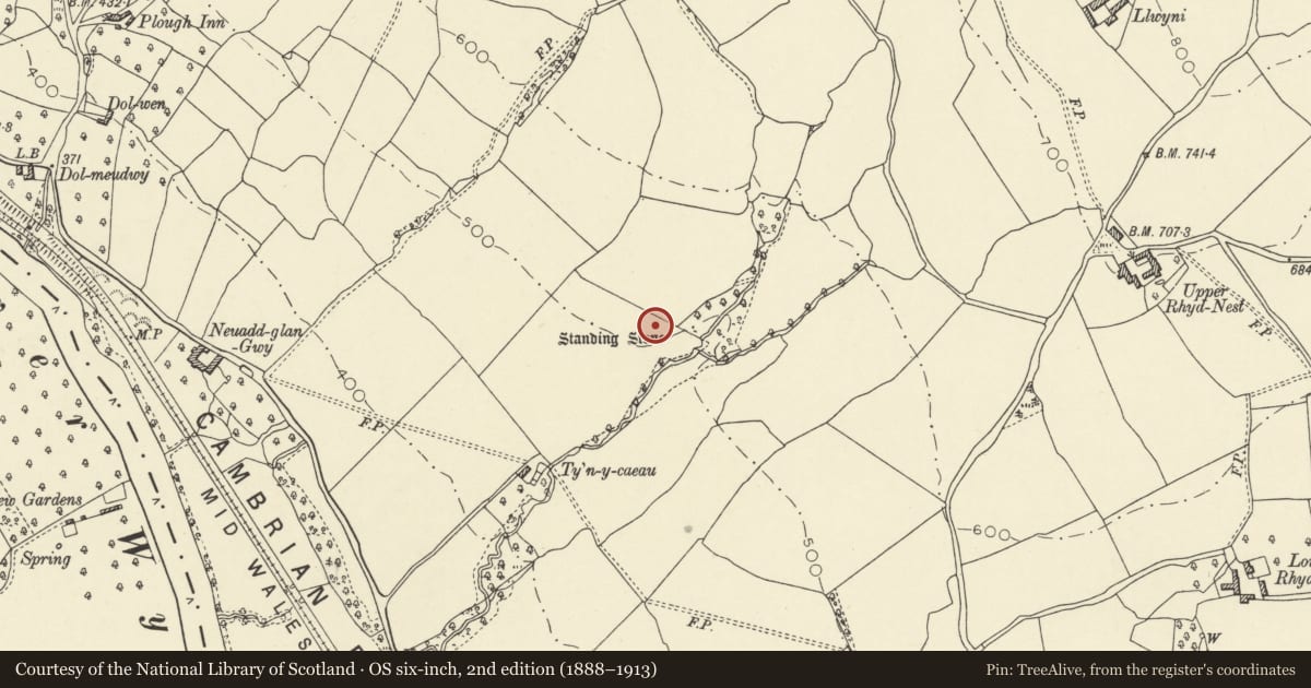 Ordnance Survey six-inch map, 2nd edition (1888–1913) covering the location of Neuadd-Glan-Gwy Standing Stone, Glasbury, Powys, with a pin at the register's coordinates