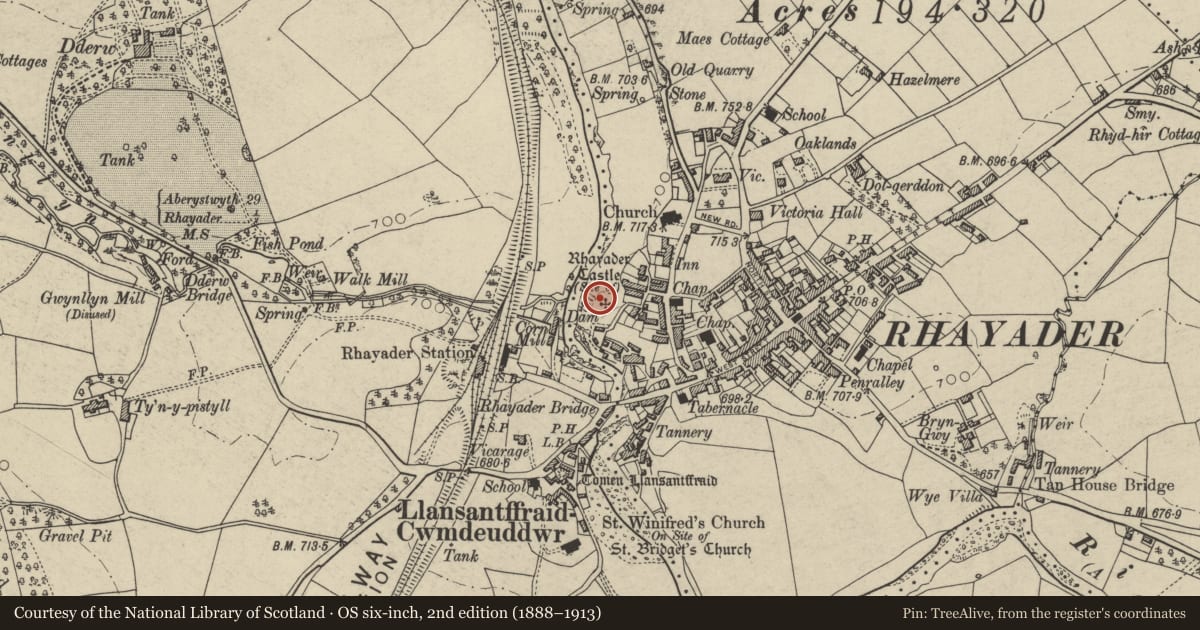 Ordnance Survey six-inch map, 2nd edition (1888–1913) covering the location of Rhayader Castle, Powys, with a pin at the register's coordinates