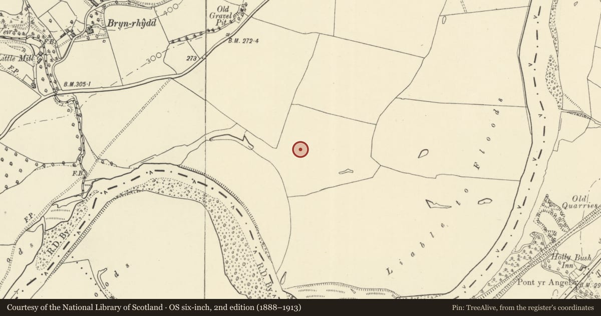 Ordnance Survey six-inch map, 2nd edition (1888–1913) covering the location of Castle Tump, Glasbury, Powys, with a pin at the register's coordinates