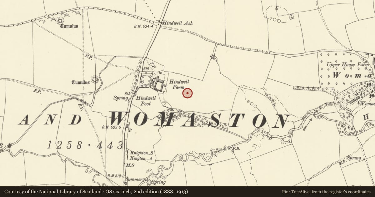 Ordnance Survey six-inch map, 2nd edition (1888–1913) covering the location of Roman Fort E of Hindwell Farm, Old Radnor, Powys, with a pin at the register's coordinates