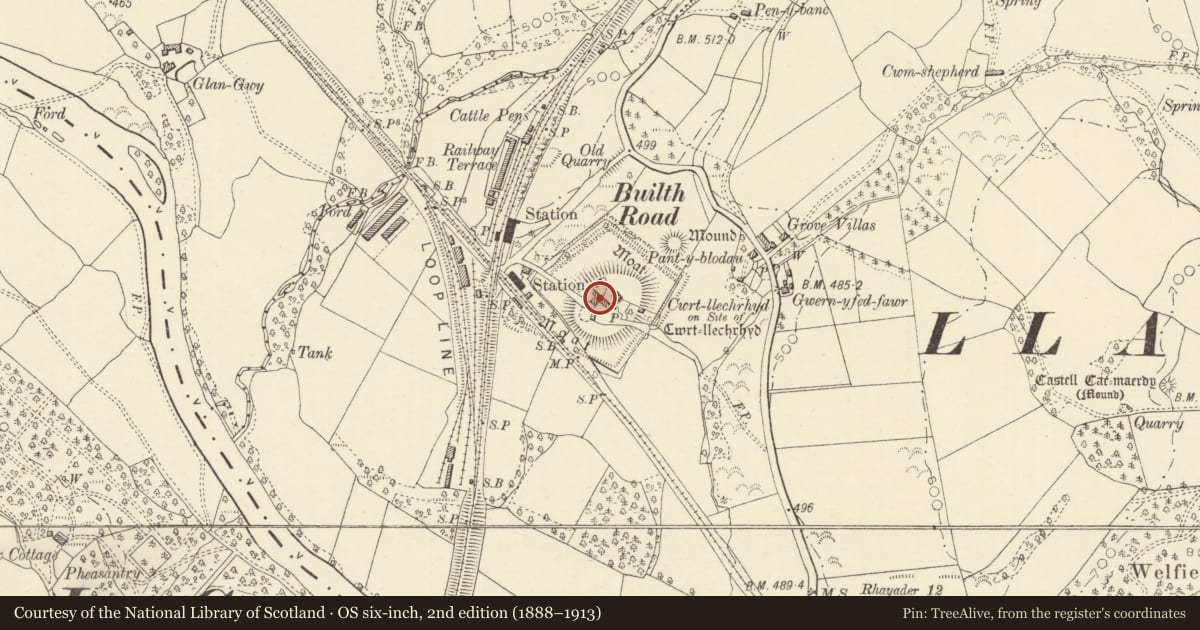 Ordnance Survey six-inch map, 2nd edition (1888–1913) covering the location of Cwrt Llechryd moated site, Llanelwedd, Powys, with a pin at the register's coordinates