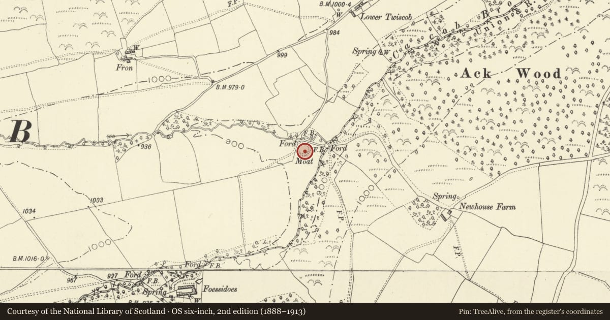 Ordnance Survey six-inch map, 2nd edition (1888–1913) covering the location of Twiscob Moated Site, Whitton, Powys, with a pin at the register's coordinates