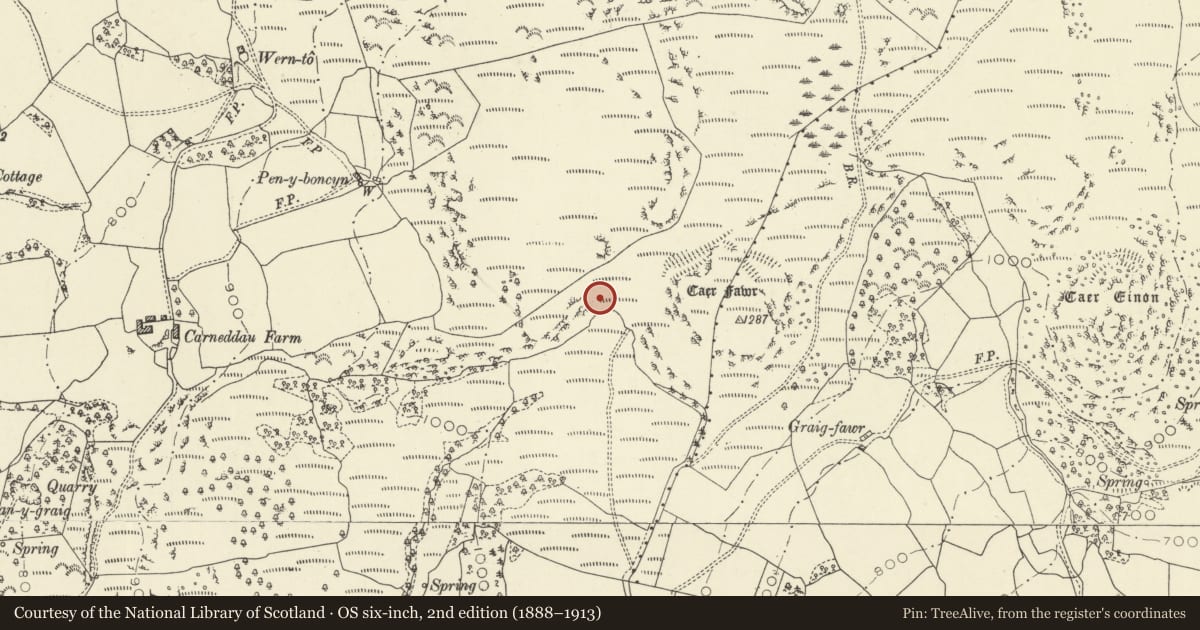 Ordnance Survey six-inch map, 2nd edition (1888–1913) covering the location of Caer Fawr Medieval Settlement, Llanelwedd, Powys, with a pin at the register's coordinates