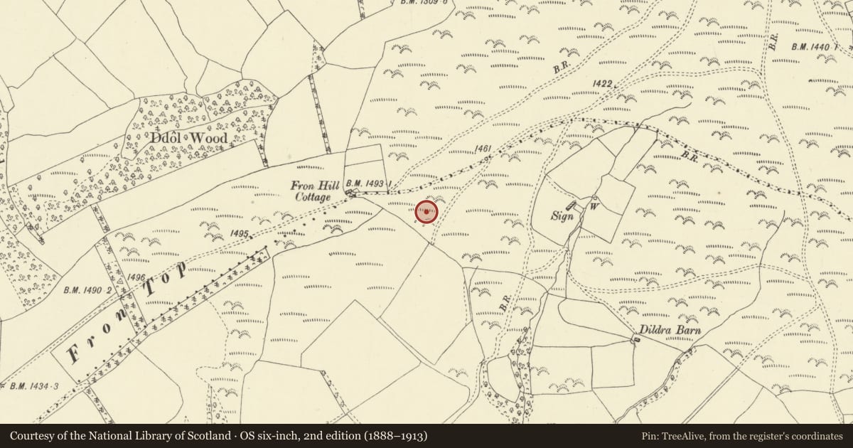 Ordnance Survey six-inch map, 2nd edition (1888–1913) covering the location of Fron Top Deserted Rural Settlement, Llanbister, Powys, with a pin at the register's coordinates