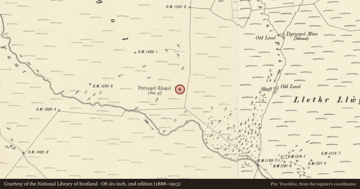 Ordnance Survey six-inch map, 2nd edition (1888–1913) covering the location of Drysgol Platform, St. Harmon, Powys, with a pin at the register's coordinates