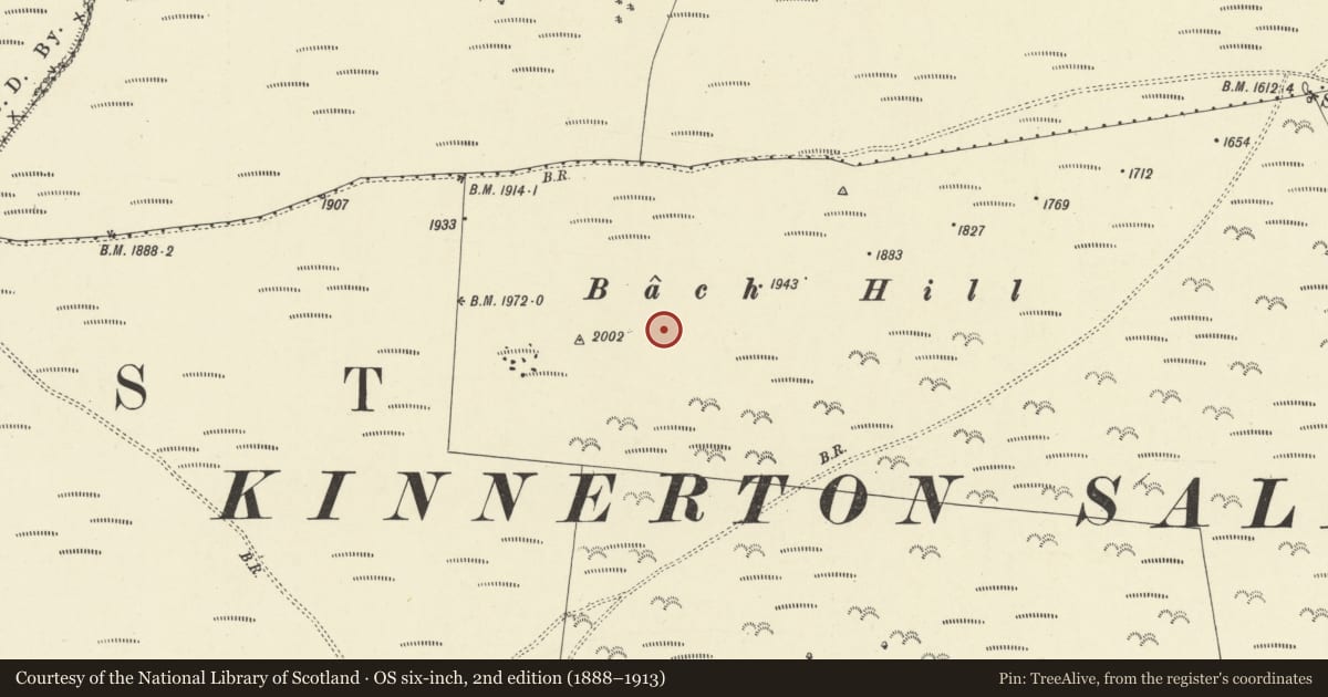 Ordnance Survey six-inch map, 2nd edition (1888–1913) covering the location of Red Hill Bronze Age Barrows, Old Radnor, Powys, with a pin at the register's coordinates