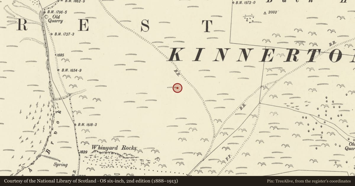 Ordnance Survey six-inch map, 2nd edition (1888–1913) covering the location of Bronze Age Round Barrows on Whinyard Rocks, Old Radnor, Powys, with a pin at the register's coordinates
