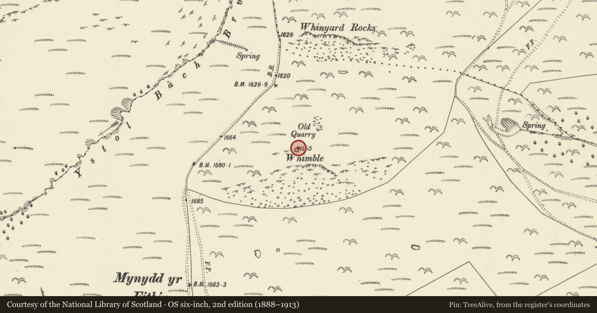 Ordnance Survey six-inch map, 2nd edition (1888–1913) covering the location of The Whimble Barrow, New Radnor, Powys, with a pin at the register's coordinates