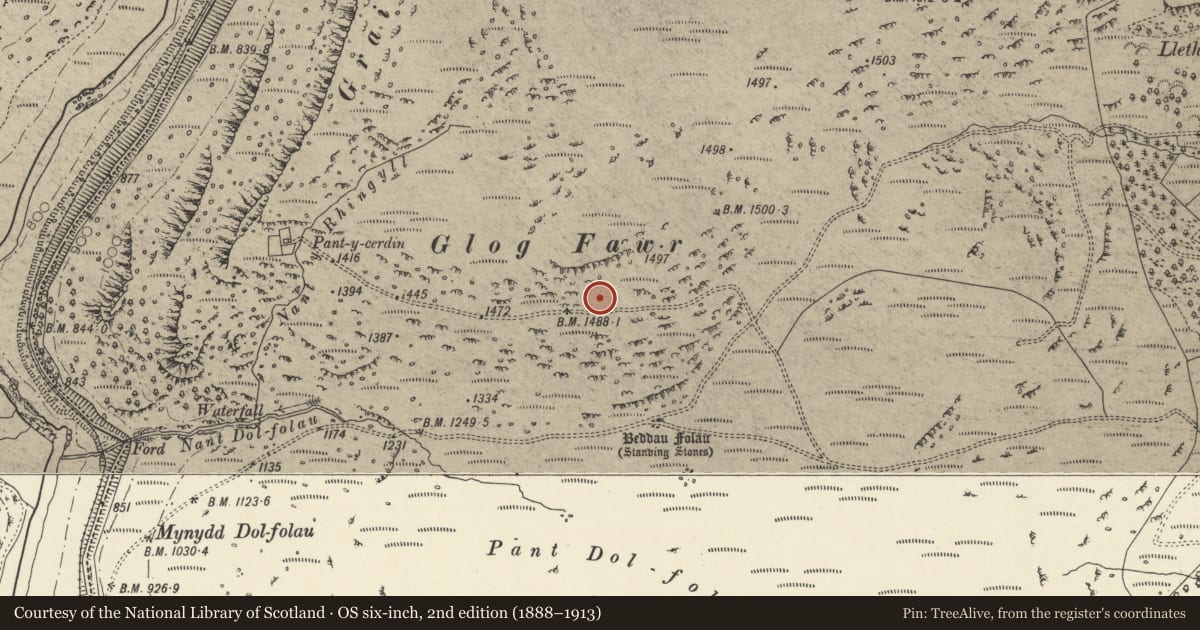 Ordnance Survey six-inch map, 2nd edition (1888–1913) covering the location of Y Glog Fawr cairn, Rhayader, Powys, with a pin at the register's coordinates