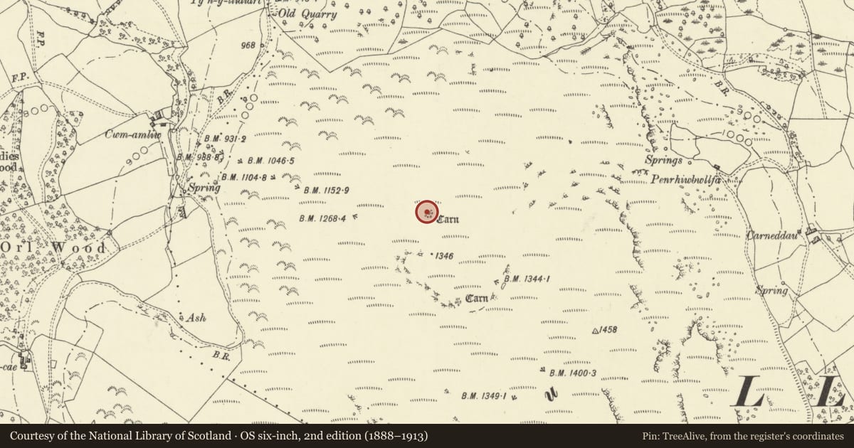 Ordnance Survey six-inch map, 2nd edition (1888–1913) covering the location of Round Cairn, Glascwm, Powys, with a pin at the register's coordinates