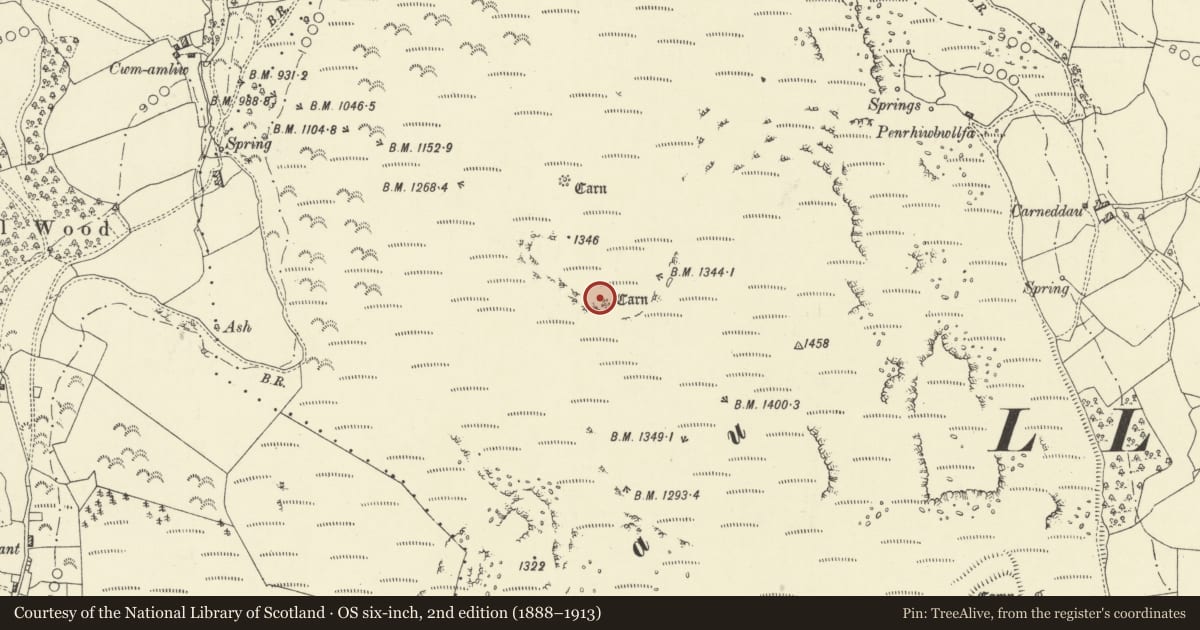 Ordnance Survey six-inch map, 2nd edition (1888–1913) covering the location of Round Cairn, Glascwm, Powys, with a pin at the register's coordinates