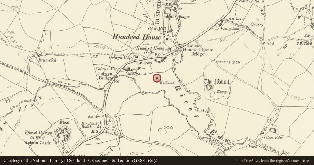 Ordnance Survey six-inch map, 2nd edition (1888–1913) covering the location of Hundred House round barrow, Glascwm, Powys, with a pin at the register's coordinates