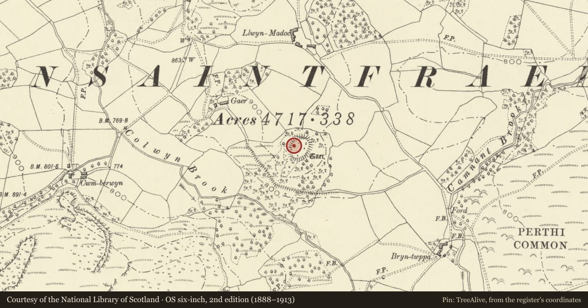 Ordnance Survey six-inch map, 2nd edition (1888–1913) covering the location of The Gaer hillfort, Glascwm, Powys, with a pin at the register's coordinates
