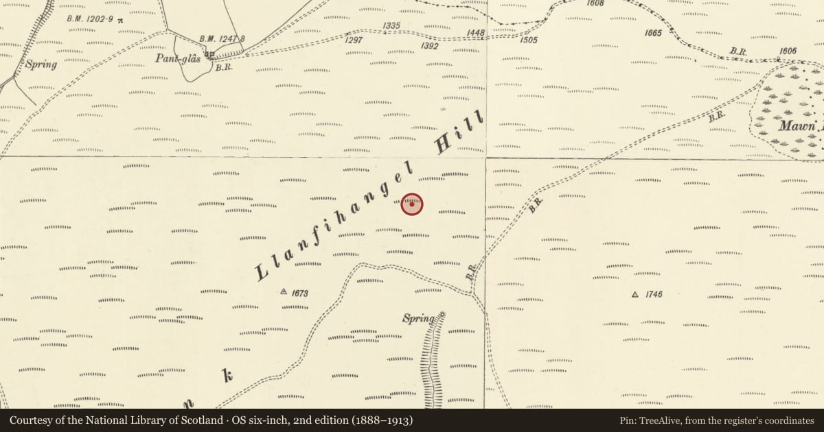 Ordnance Survey six-inch map, 2nd edition (1888–1913) covering the location of Llanfihangel Hill round barrow, Gladestry, Powys, with a pin at the register's coordinates