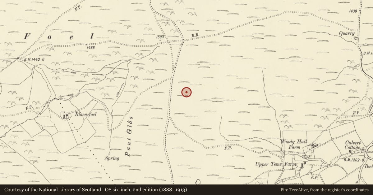 Ordnance Survey six-inch map, 2nd edition (1888–1913) covering the location of Round Barrow, Beguildy, Powys, with a pin at the register's coordinates
