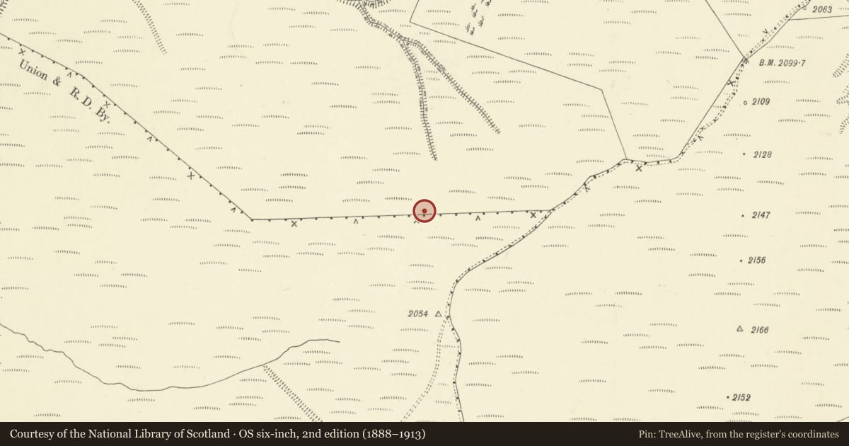Ordnance Survey six-inch map, 2nd edition (1888–1913) covering the location of Great Rhos round barrow, Llanfihangel Rhydithon, Powys, with a pin at the register's coordinates